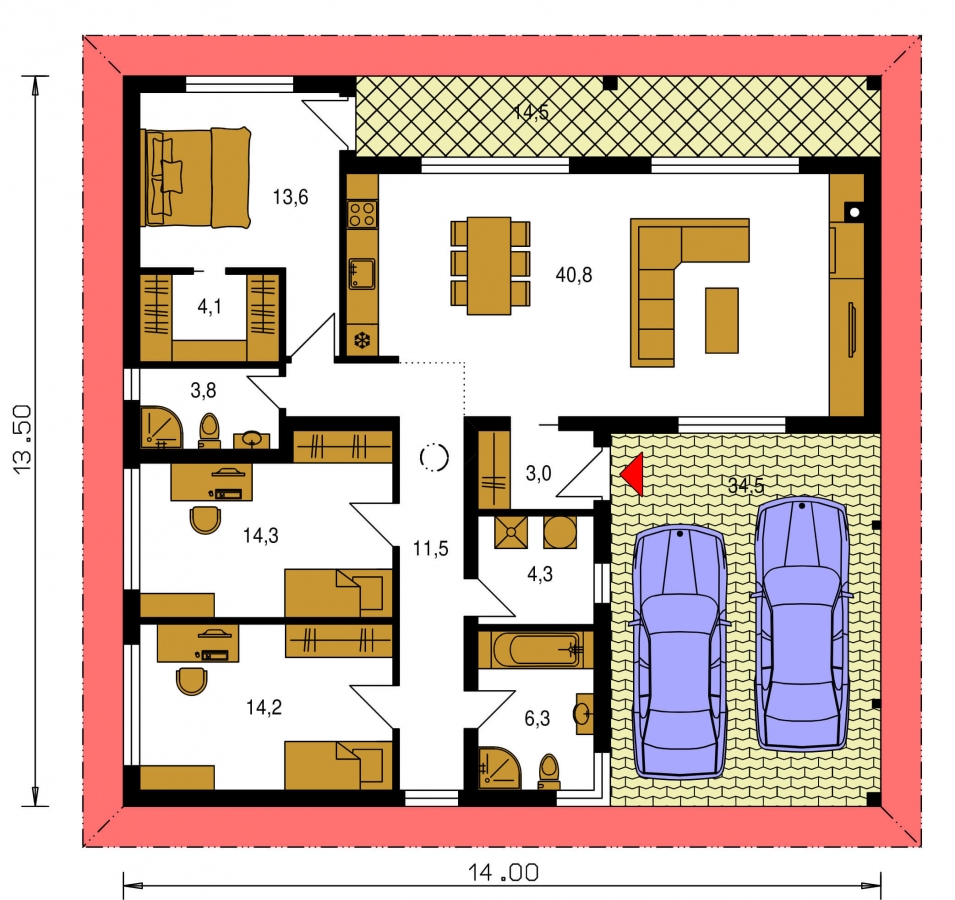 Projekt prízemného 4-izbového rodinného domu s krytým státím pre dve autá.